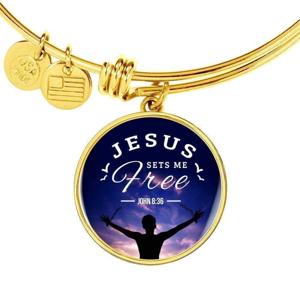 Jesus Set Me Free John 8:36 Personalized Engraved Gold Circle Bangle Bracelet